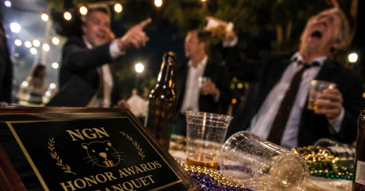 Close-up of a chaotic outdoor awards banquet table with an Neutral Ground News (NGN) Honor Awards plaque, spilled drinks, beads, and blurred guests celebrating in the background at night.