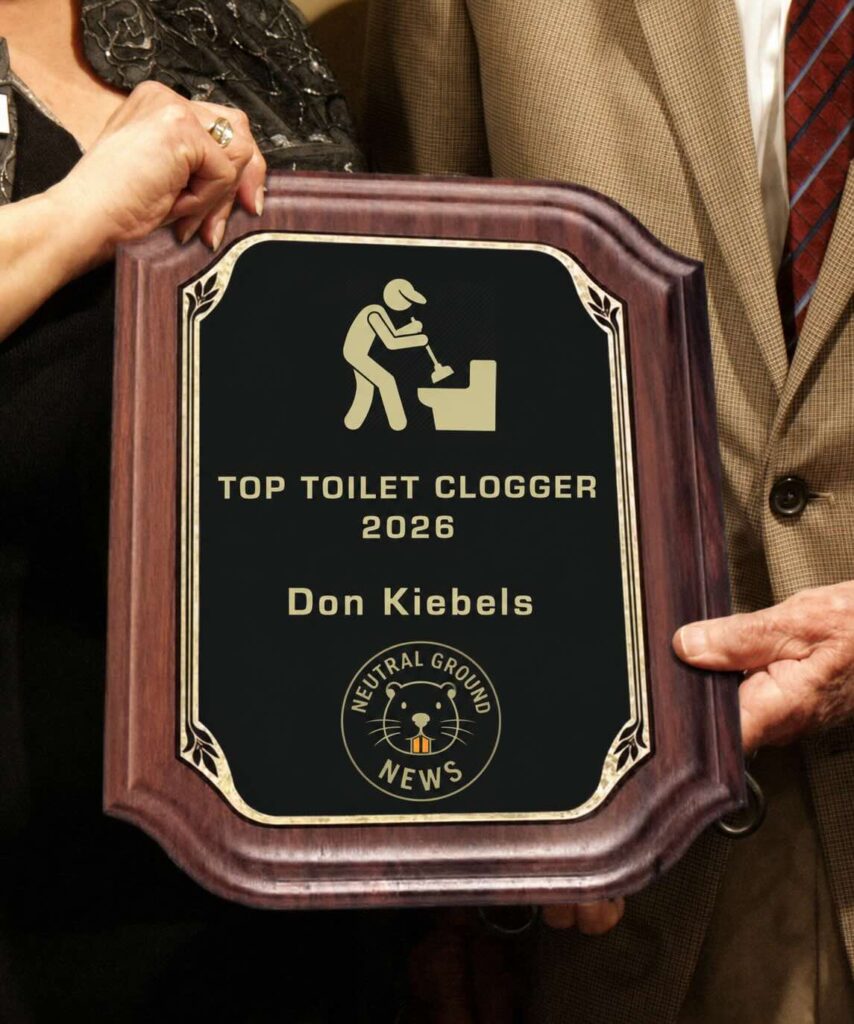 Wooden award plaque reading "Top Toilet Clogger" presented to Don Kiebels at the Neutral Ground News annual awards banquet.