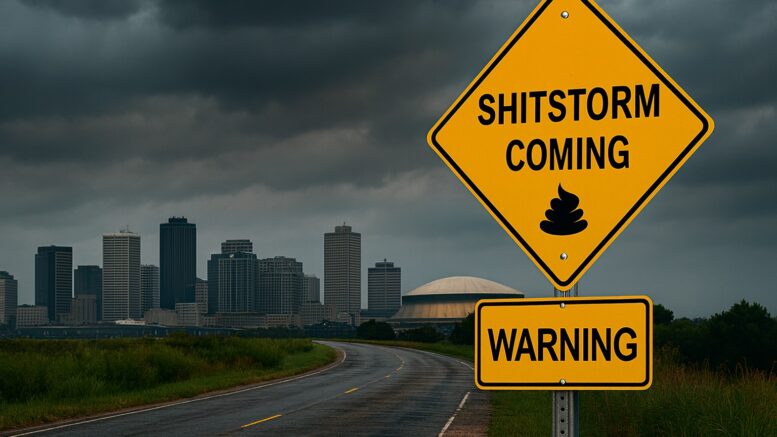 A yellow diamond road sign reading “SHITSTORM COMING” with a poop emoji sits above a rectangular “WARNING” sign on a roadside. Dark storm clouds loom over the New Orleans skyline in the distance, with the Superdome clearly visible. The road curves toward the city under the ominous sky.