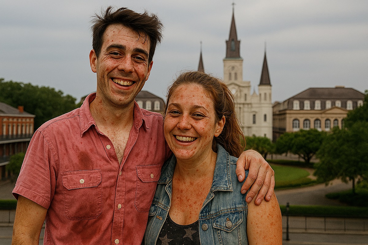 A disheveled couple poses affectionately in front of St. Louis Cathedral in New Orleans. Both are smiling warmly despite their noticeably sickly appearance, with sweaty clothes, flushed skin, and dark circles under their eyes. The iconic cathedral and surrounding historic buildings are visible in the background under a cloudy sky.