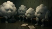 Personified hurricane clouds sitting defeated in a locker room, representing a weak Atlantic hurricane season with storms falling short of expected strength and impact.