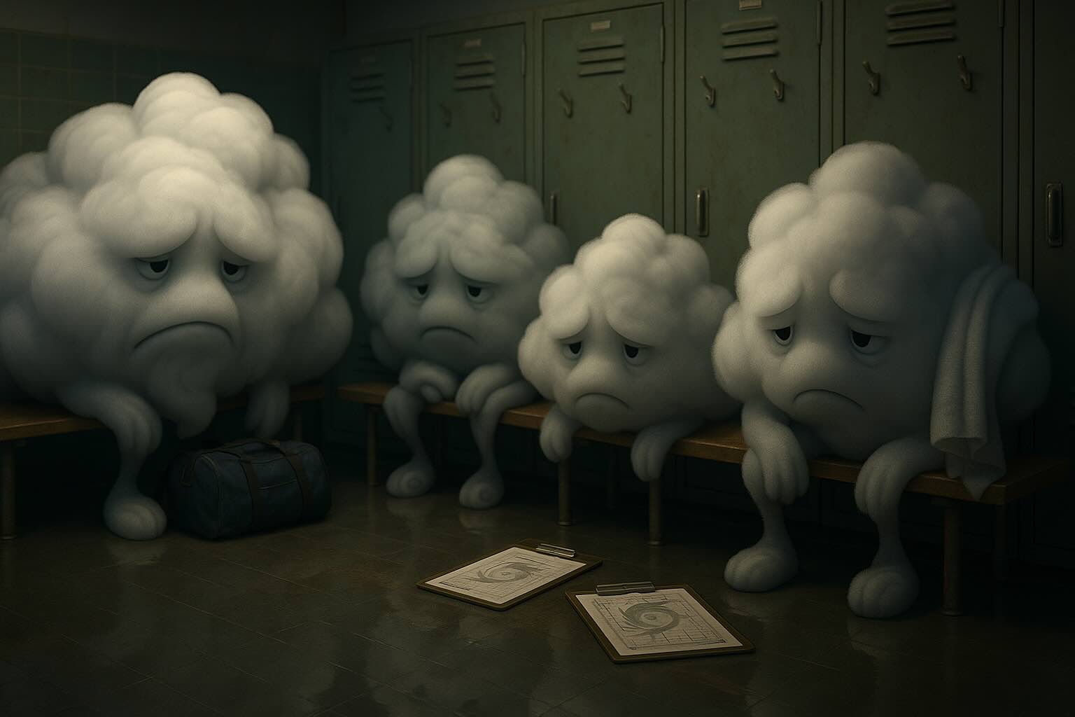 Personified hurricane clouds sitting defeated in a locker room, representing a weak Atlantic hurricane season with storms falling short of expected strength and impact.