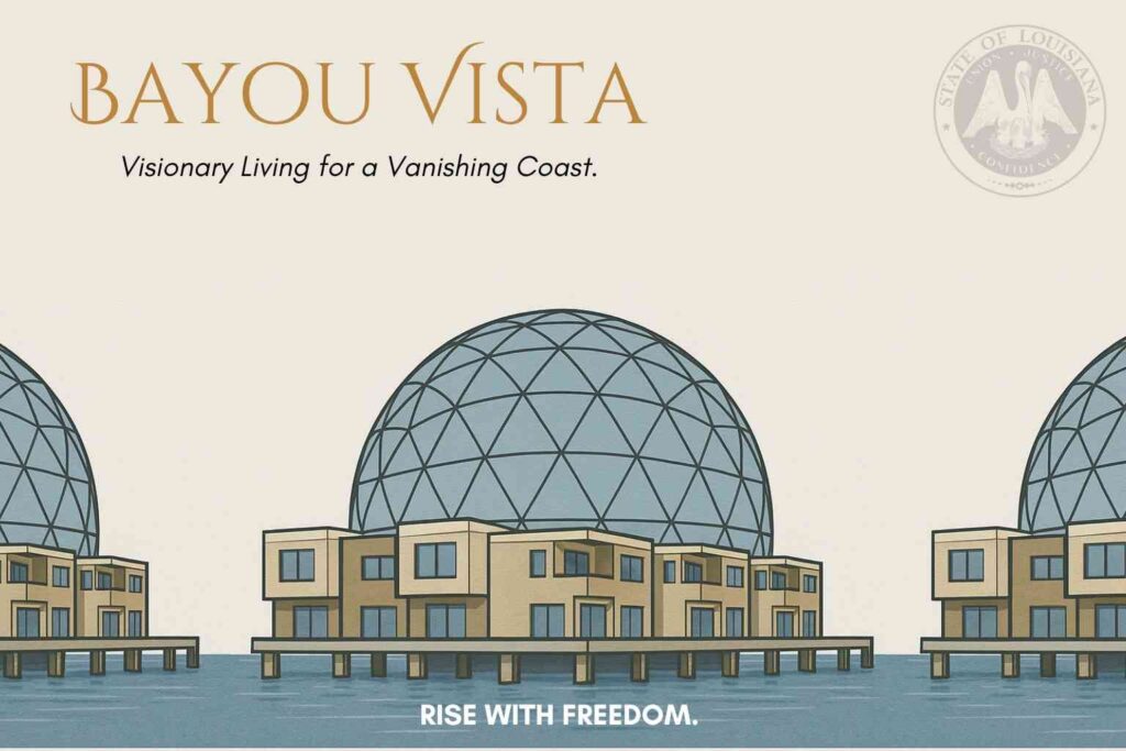 A stylized promotional image for Bayou Vista™, depicting futuristic dome-covered waterfront homes on stilts over water. The design includes the tagline “Visionary Living for a Vanishing Coast” and the phrase “Rise with Freedom,” suggesting a luxury floating community concept. The State of Louisiana seal is faintly visible in the background.