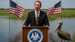Revised alt text: Governor Jeff Landry delivers a press conference while standing waist-deep in a Louisiana marsh, in this satirical image created for Neutral Ground News. He speaks at a wooden podium bearing the corrected State of Louisiana seal, flanked by two American flags. A brown pelican stands nearby in the shallow water, with tall marsh grass and a partly cloudy sky in the background. This image accompanies a satirical news story criticizing the cancellation of a major coastal restoration project.