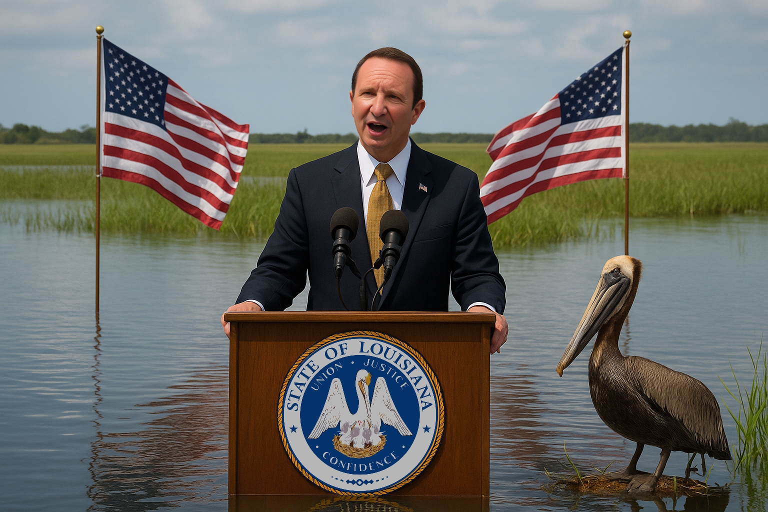 Revised alt text: Governor Jeff Landry delivers a press conference while standing waist-deep in a Louisiana marsh, in this satirical image created for Neutral Ground News. He speaks at a wooden podium bearing the corrected State of Louisiana seal, flanked by two American flags. A brown pelican stands nearby in the shallow water, with tall marsh grass and a partly cloudy sky in the background. This image accompanies a satirical news story criticizing the cancellation of a major coastal restoration project.