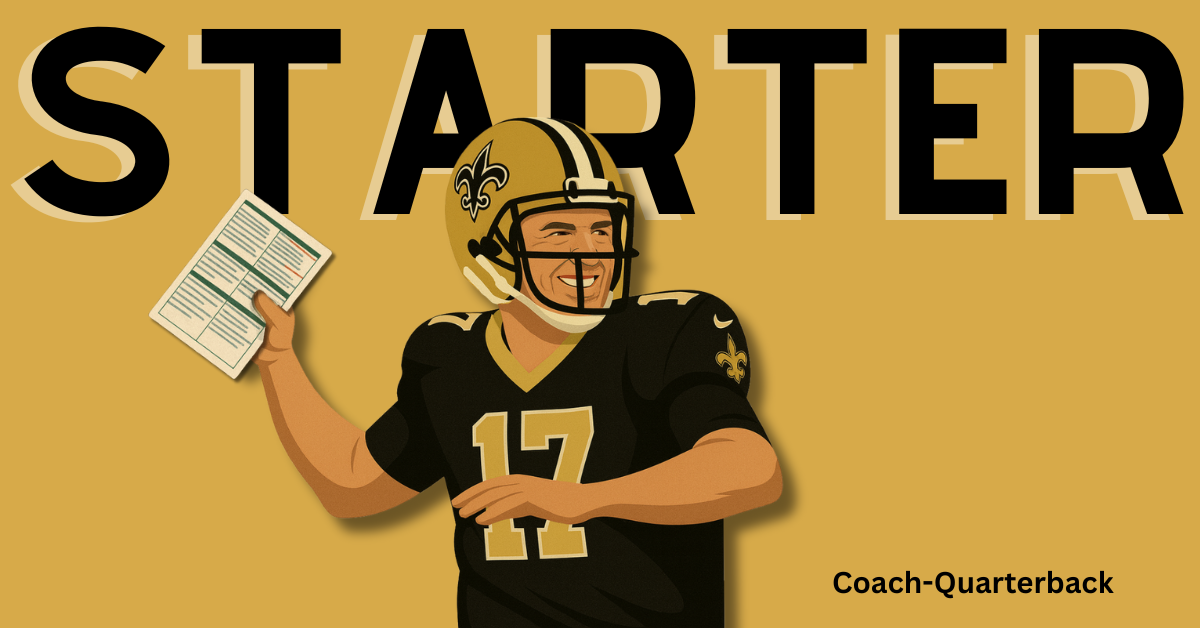 Stylized illustration of New Orleans Saints head coach Kellen Moore in full uniform, wearing a helmet and number 17 jersey, captured mid-throw while tossing a laminated playsheet instead of a football against a gold background.