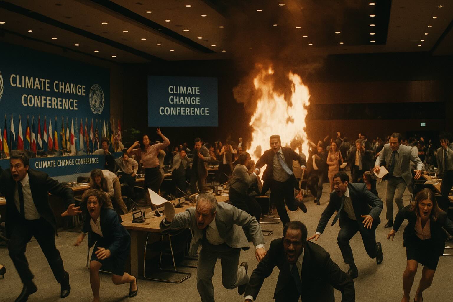 Hyper-realistic photo of a massive international climate change conference hall in chaos, with delegates running, papers flying, smoke and alarms, and broken graphs on large projection screens.