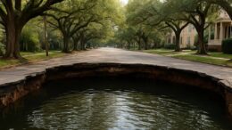 Hyperrealistic image of an enormous pothole in Uptown New Orleans filled with water, resembling a lake, surrounded by oak trees and neighborhood houses.