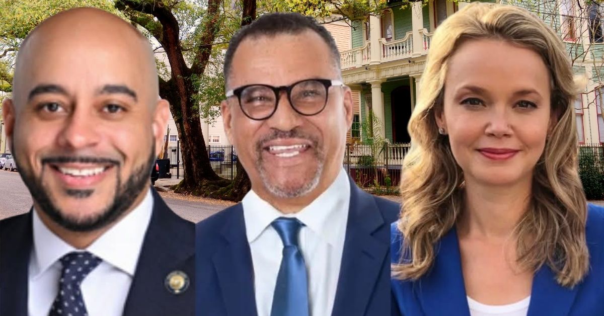 Royce Duplessis, Oliver Thomas, and Helena Moreno posed together in front of New Orleans neighborhood houses in a Neutral Ground News satirical mayoral race poll graphic.