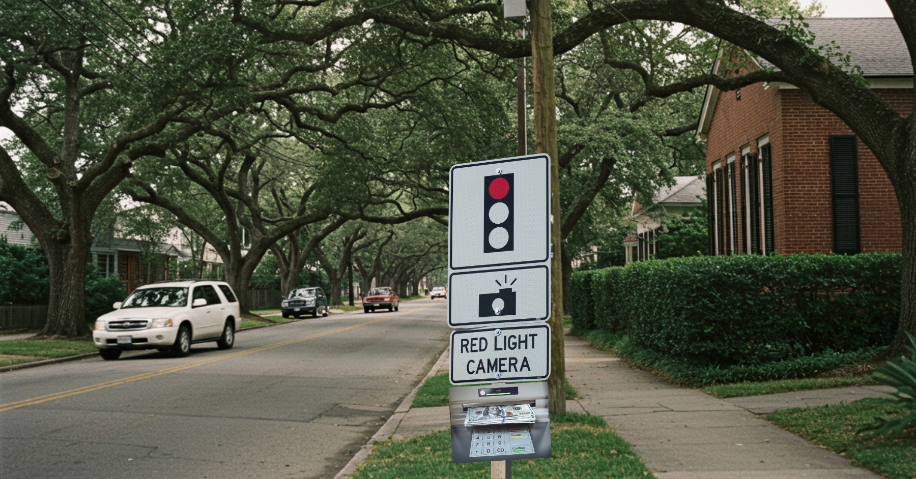 Red light camera sign on a residential street in New Orleans with oak trees and cars, shown as an ATM machine symbolizing traffic camera revenue.