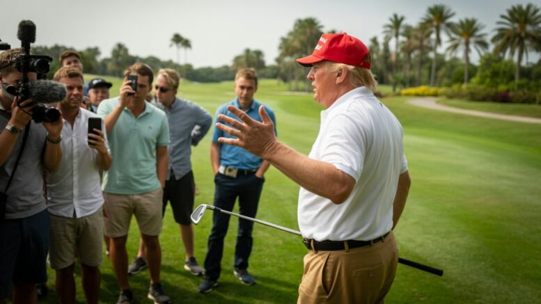 President Donald Trump speaks to reporters on a Florida golf course while holding a golf club, discussing the government shutdown and sending troops to New Orleans.
