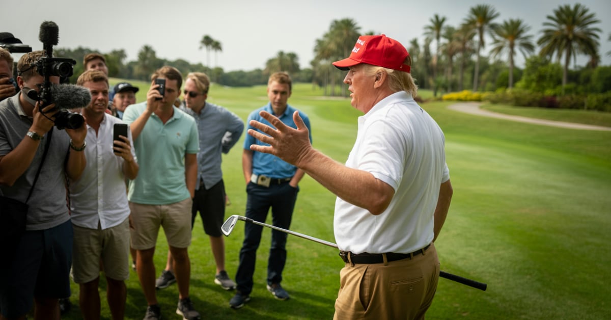 President Donald Trump speaks to reporters on a Florida golf course while holding a golf club, discussing the government shutdown and sending troops to New Orleans.