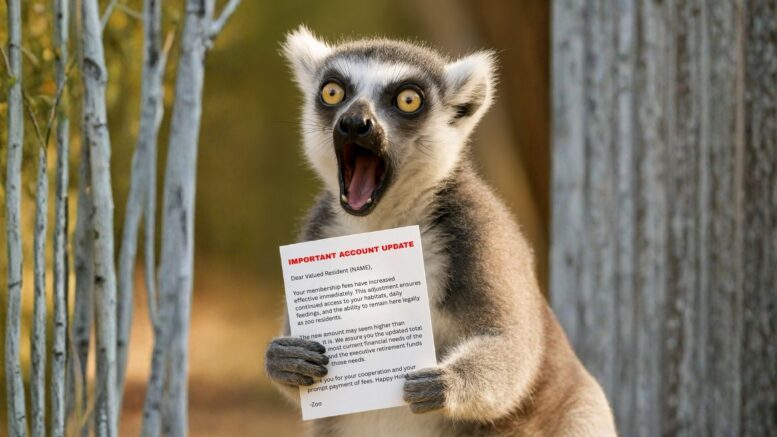 A shocked ring-tailed lemur holding a printed bill labeled Important Account Update, representing reaction to the Audubon Zoo membership price increase.