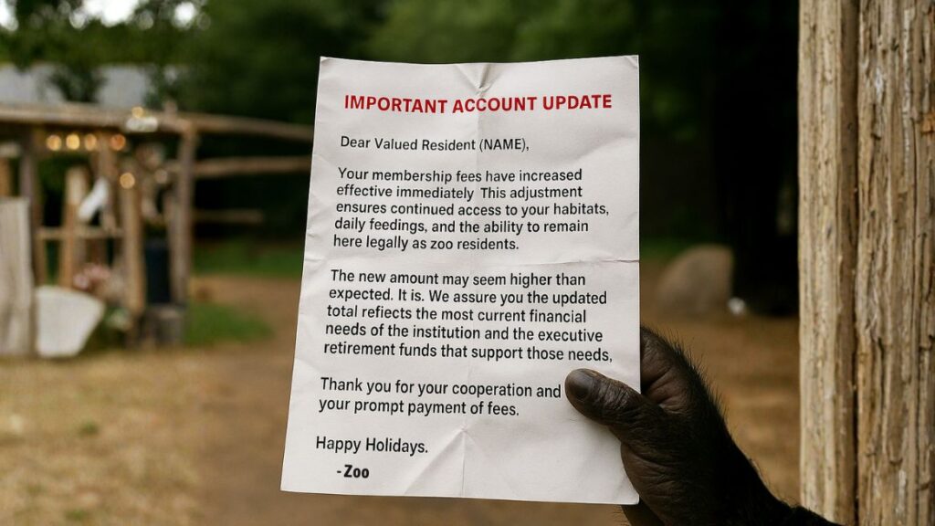 A close-up photo of a wrinkled letter titled “Important Account Update” held by a gorilla’s hand inside a zoo habitat. The background shows an outdoor enclosure with wooden structures and greenery. The letter addresses the Audubon Zoo membership cost increase and a sudden rise in fees for animal residents.