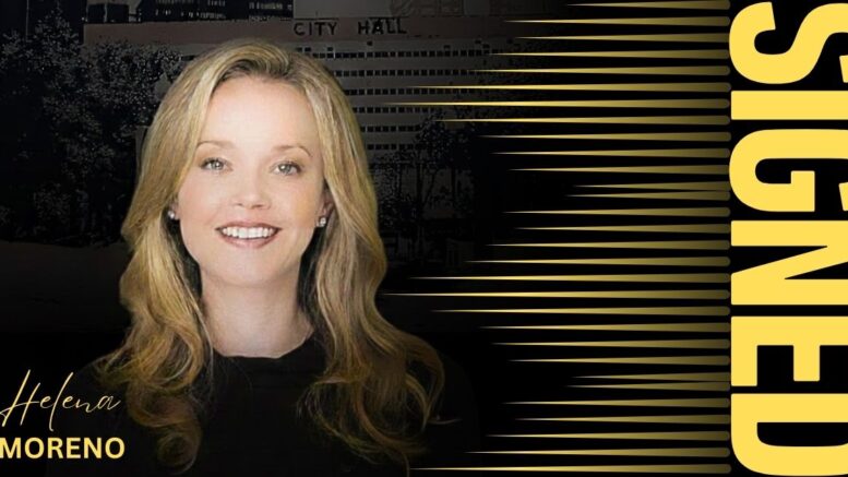 Helena Moreno signing graphic styled like a sports free agency announcement, featuring New Orleans City Hall in the background and bold black and gold text reading “SIGNED,” symbolizing New Orleans mayoral transition under limited cap space.