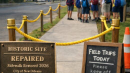 Students stand behind a rope barrier observing the first sidewalk repaired in New Orleans since Hurricane Katrina, marked as a historic site and added to a school field trip rotation.