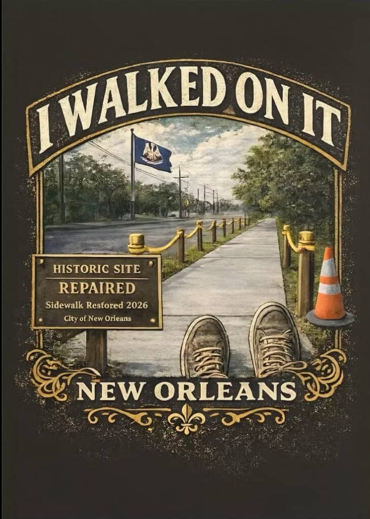 Poster reading “I Walked On It” showing a historic New Orleans sidewalk restored in 2026, viewed from above with shoes standing on the concrete and a commemorative repair sign.