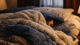 Woman bundled under layers of blankets in a New Orleans bedroom during an unusual cold front, with only her eyes visible as she refuses to leave bed.
