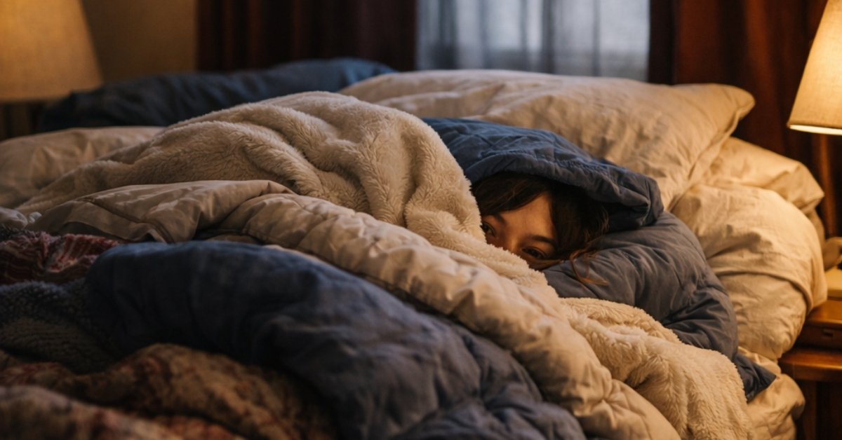 Woman bundled under layers of blankets in a New Orleans bedroom during an unusual cold front, with only her eyes visible as she refuses to leave bed.