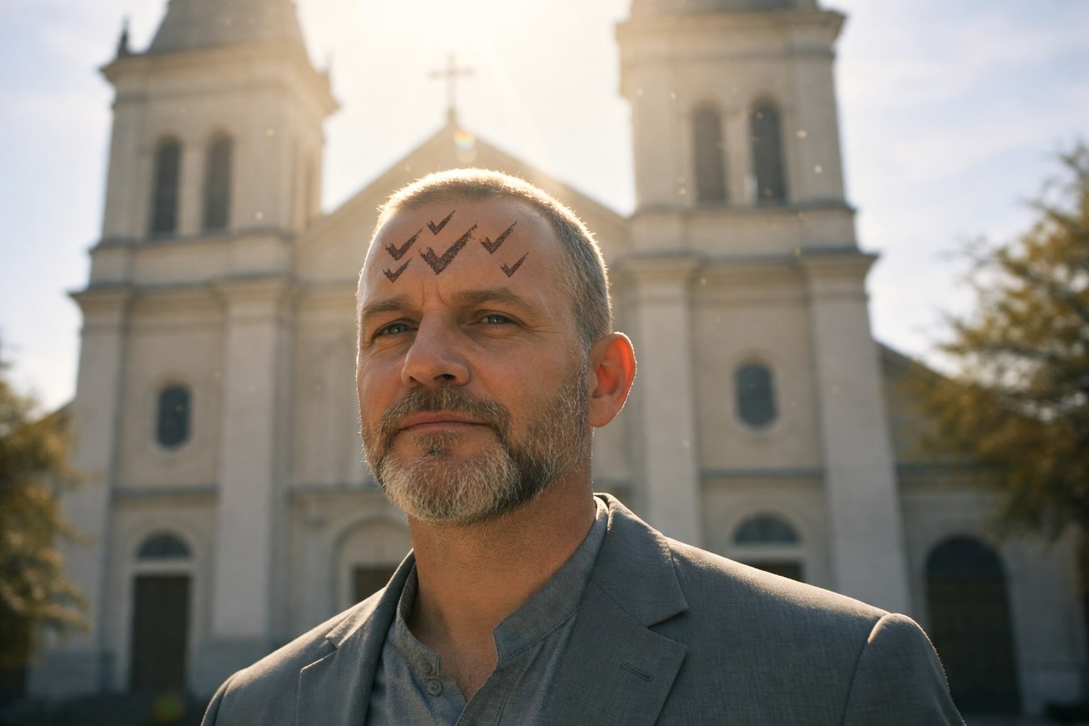 Bald man with multiple ash check marks on his forehead standing in front of St. Louis Cathedral in New Orleans on Ash Wednesday, sunlight behind him in an editorial-style portrait.