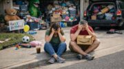 Exhausted suburban parents sitting on a curb in front of an overfilled garage and cluttered driveway packed with toys, boxes, and household items in Metairie.