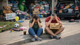 Exhausted suburban parents sitting on a curb in front of an overfilled garage and cluttered driveway packed with toys, boxes, and household items in Metairie.