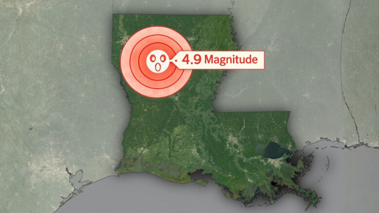 Map of Louisiana showing a 4.9 magnitude earthquake epicenter in northwestern Louisiana near Shreveport with red concentric rings