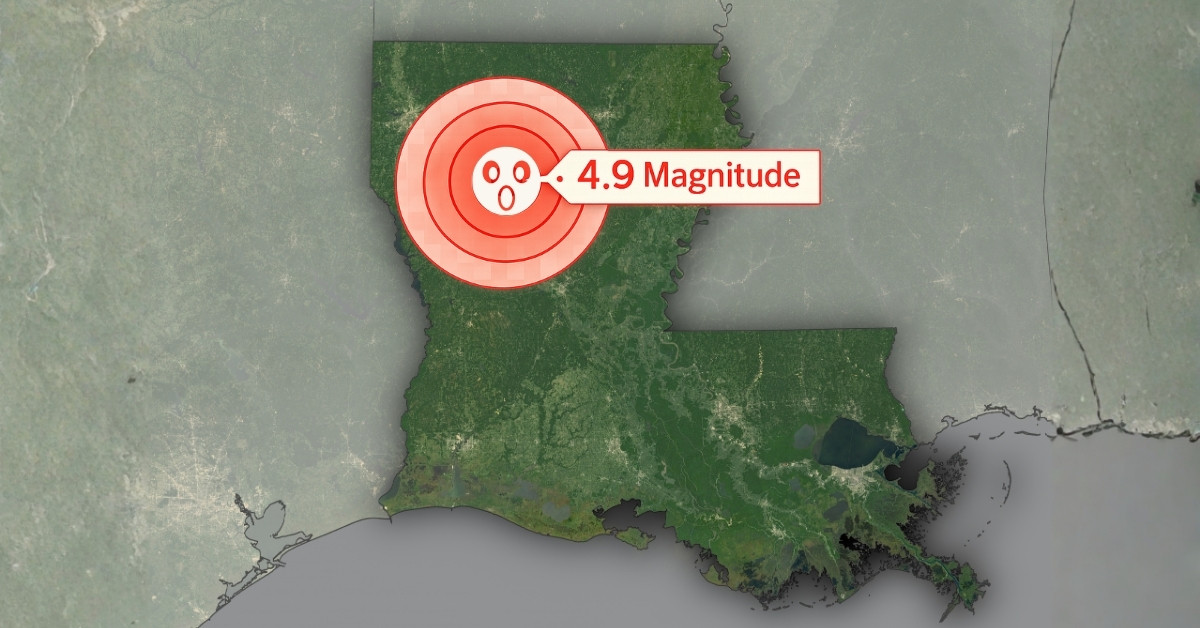 Map of Louisiana showing a 4.9 magnitude earthquake epicenter in northwestern Louisiana near Shreveport with red concentric rings