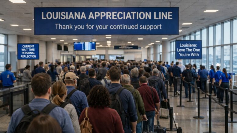 Crowded TSA security line at New Orleans airport beneath a sign reading “Louisiana Appreciation Line,” with additional signs promoting staying in Louisiana as travelers wait with luggage