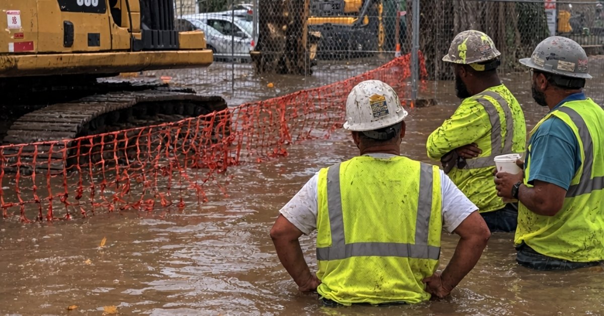 Construction workers stand waist deep in muddy floodwater near a yellow excavator during a New Orleans water main break.