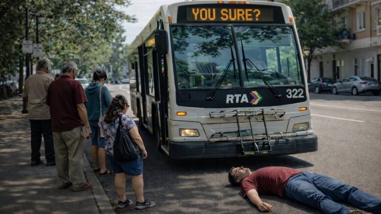 RTA bus in New Orleans with “YOU SURE?” displayed, as riders wait in line and a man lies in the street in front of the bus