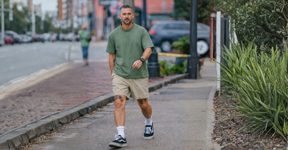 Actor Shia LaBeouf walking along a New Orleans street in casual clothes.