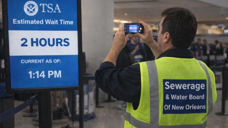 Sewerage and Water Board representative photographing a TSA sign showing a two hour wait time at Louis Armstrong New Orleans International Airport while studying the delay.