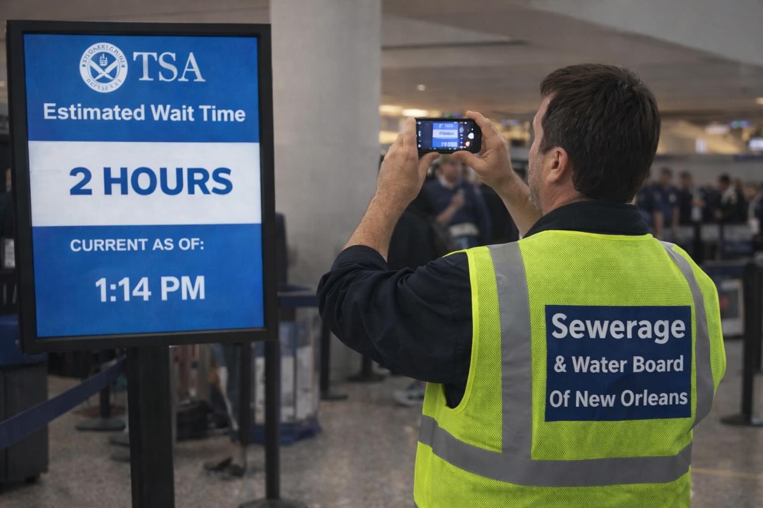 Sewerage and Water Board representative photographing a TSA sign showing a two hour wait time at Louis Armstrong New Orleans International Airport while studying the delay.