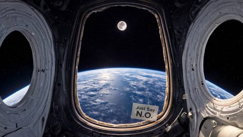 View from inside Artemis II spacecraft window showing Earth’s curved horizon and the Moon in space, with a small “Just Say N.O.” sticker placed beside the window frame inside the capsule.