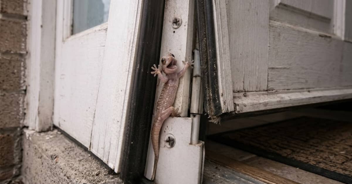 Small gecko stuck in a door hinge as the door closes on a residential home in Metairie