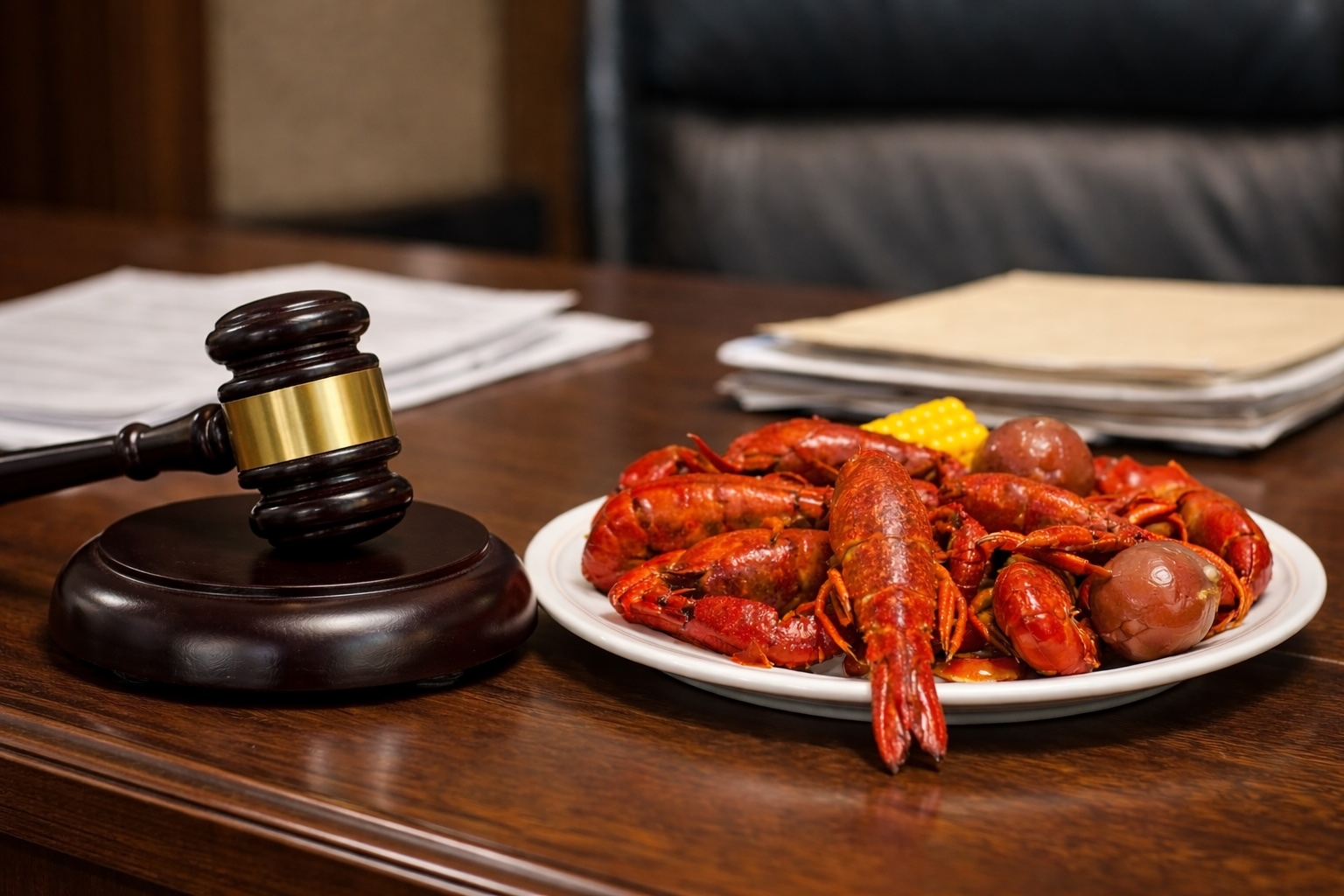 Judge’s gavel beside a plate of boiled crawfish with a visible straight-tailed crawfish following a Louisiana Supreme Court ruling