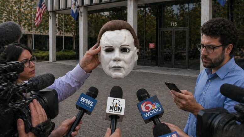 Reporters hold microphones toward a Michael Myers mask being held outside New Orleans Police Department headquarters during a media scrum scene.