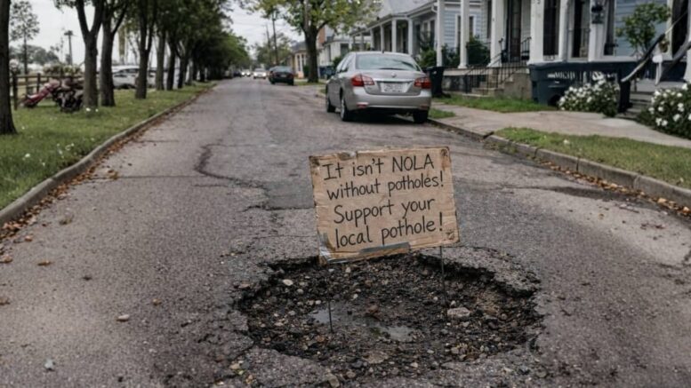 Handwritten sign in a New Orleans pothole reading “It isn’t NOLA without potholes support your local pothole” on a residential street.