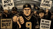 Angry New Orleans Saints fans protest outside the Caesars Superdome before the NFL Draft, giving thumbs down and holding anti-pick signs in a comic-style illustration.