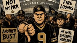 Angry New Orleans Saints fans protest outside the Caesars Superdome before the NFL Draft, giving thumbs down and holding anti-pick signs in a comic-style illustration.