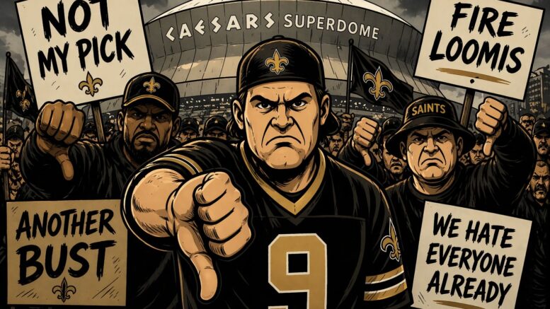 Angry New Orleans Saints fans protest outside the Caesars Superdome before the NFL Draft, giving thumbs down and holding anti-pick signs in a comic-style illustration.