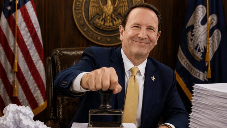 Gov. Jeff Landry stamps a stack of official papers in a government office, symbolizing a suspended recall petition.