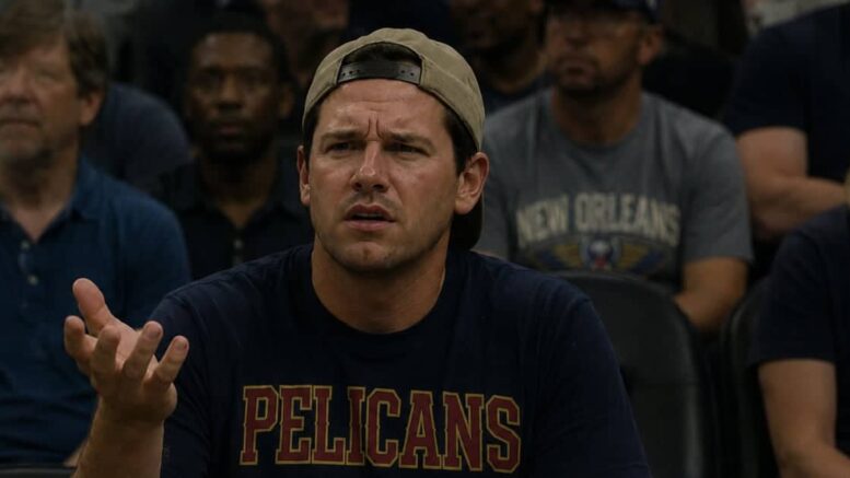 A frustrated New Orleans Pelicans fan sits in the arena crowd with one hand raised in confusion.