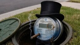An illustration of a wealthy, sentient smart water meter wearing a top hat, monocle, bow tie, and cigar while sitting inside an open underground utility box beside a residential street.