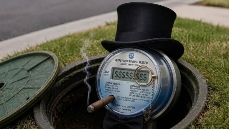 An illustration of a wealthy, sentient smart water meter wearing a top hat, monocle, bow tie, and cigar while sitting inside an open underground utility box beside a residential street.