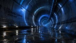 Futuristic underground tunnel with blue lighting, water puddles, and visible flooding concerns in a satirical depiction of a proposed New Orleans transportation tunnel project.