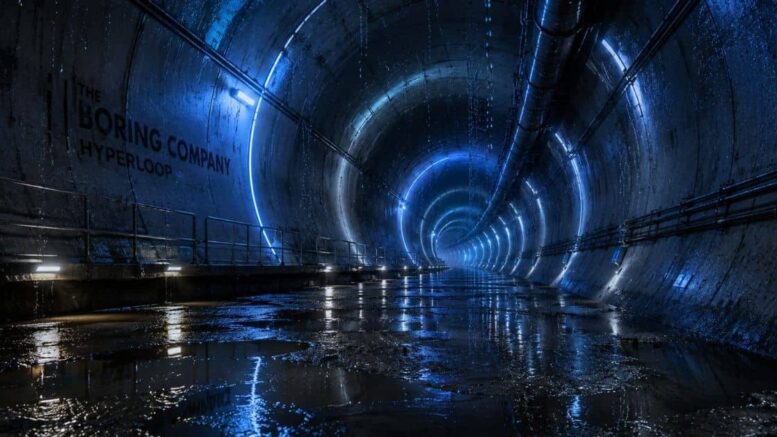 Futuristic underground tunnel with blue lighting, water puddles, and visible flooding concerns in a satirical depiction of a proposed New Orleans transportation tunnel project.
