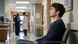Concerned young man seated in a hospital corridor reflecting on medical test results as doctors and nurses converse in the background.