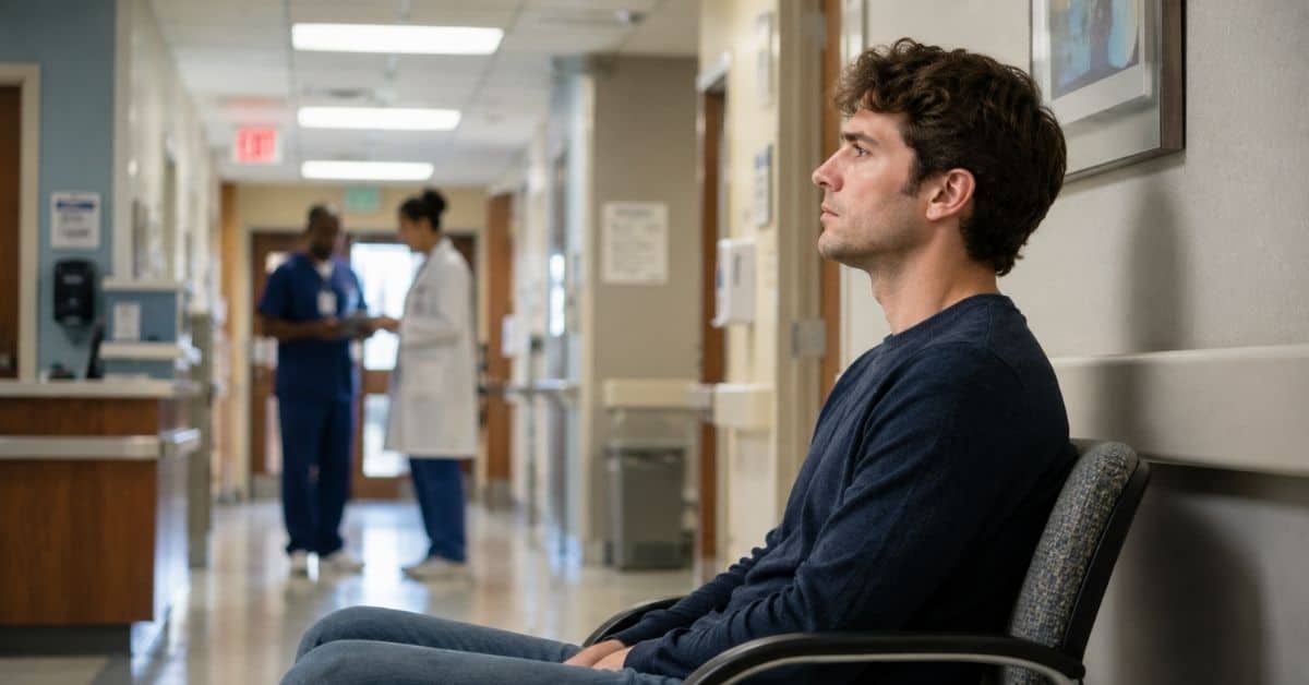 Concerned young man seated in a hospital corridor reflecting on medical test results as doctors and nurses converse in the background.